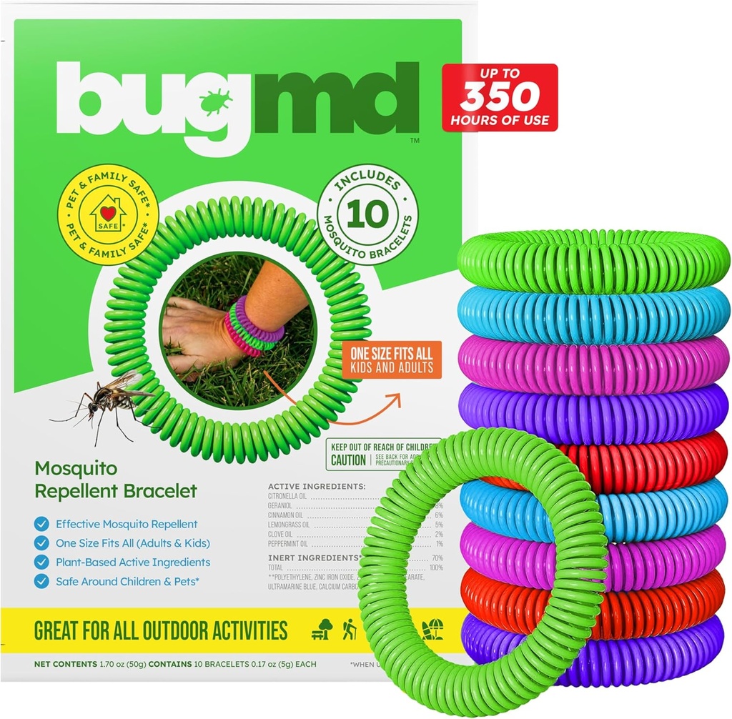 BugMD 10 Paketi Mosquito Wears, DEET-Free Bands for Yetişkinler & Çocuklar, Natural & Water Citronella Bilebands for Camping, Hiking, Beach, Travel & Outdoor Essentials