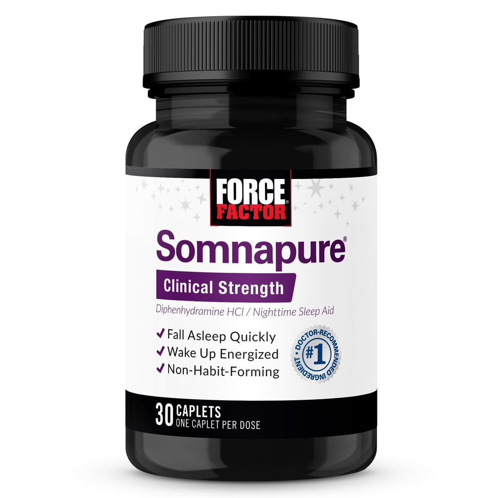 Force Factor Somnapure Clinical Strength Sleep Aid for Adults, Diphenhydramine HCl, Non-Habit-Forming, Nighttime Sleep Support, 30 Caplets