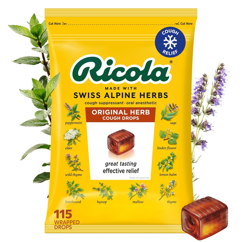 Ricola Original Herb Cough Drops, 115 Kont, Cough Suppressant & Throat Relieving Drops with Natural Sourced Menthol, Pleasing Herbal Taste for Coughs & Throat Irritation Symptom Relief