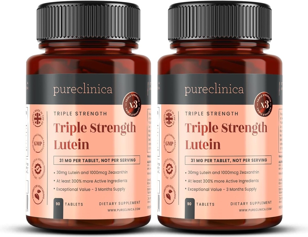 Safclinica Lutein 30 mg x 180 Tabletler (2 Her birinde 90 Tabletle Şişeler) 1000mcg Zeaxanthin. 3 x Düzenli Lutein Tabletlerinin Gücü