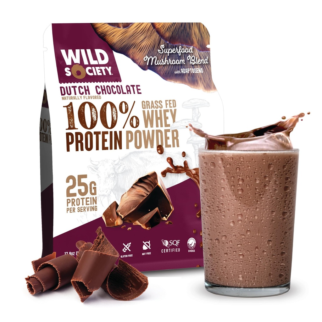 WILD SOCIETY - Premium 100% Grass Fed Whey Protein Powder + Superfood Mushrooms & Adaptogens - 25g Protein, Clean Protein Powder, 0 Added Sugar, Non GMO, Gluten Free - Dutch Chocolate - 17.9 oz