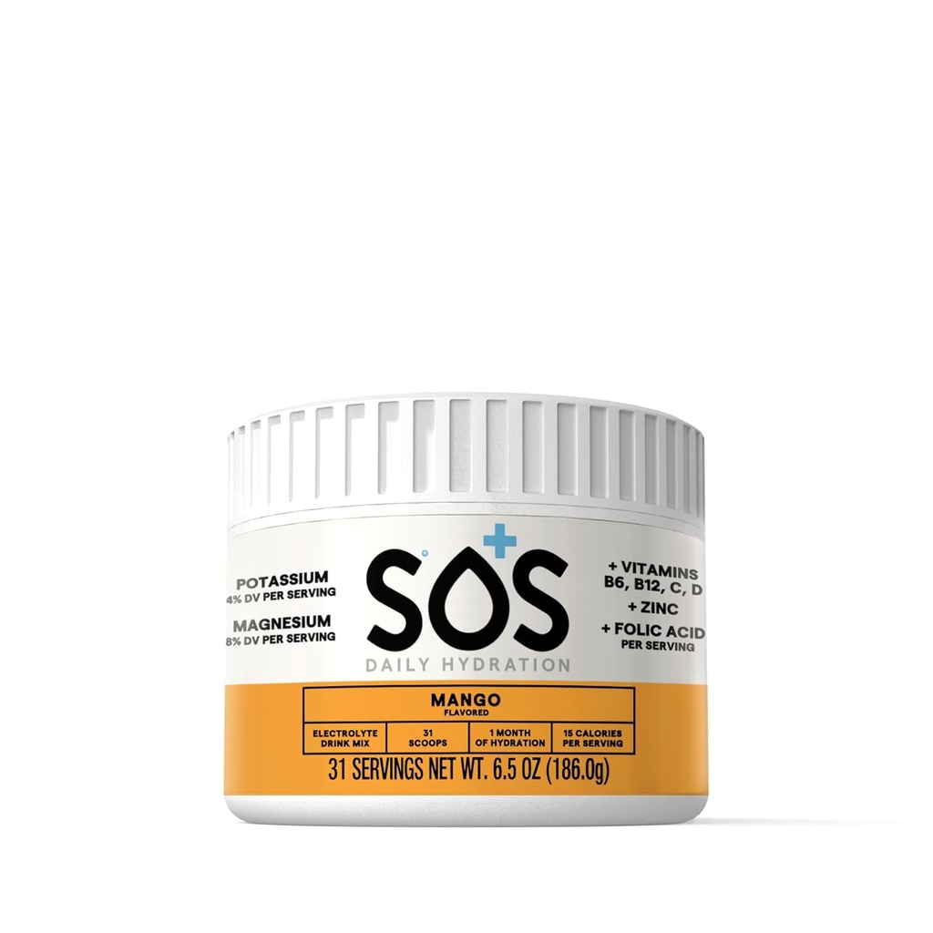 SOS Hydration Electrolyte Drink Mix (31 hizmet) – Low Sugar, 15 Calorie, Keto-Friendly & Rapid Rehidr (31 hizmet, Mango)