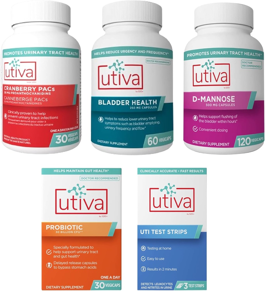 % 15 Sche Utiva Cranberry PACs 30 Vegi Capsules + Utiva Bladder Health 60 Capsules + Utiva D-Mannose 500 mg 120 Capsules + UCON Capsules + Utiva UTI Test Strips