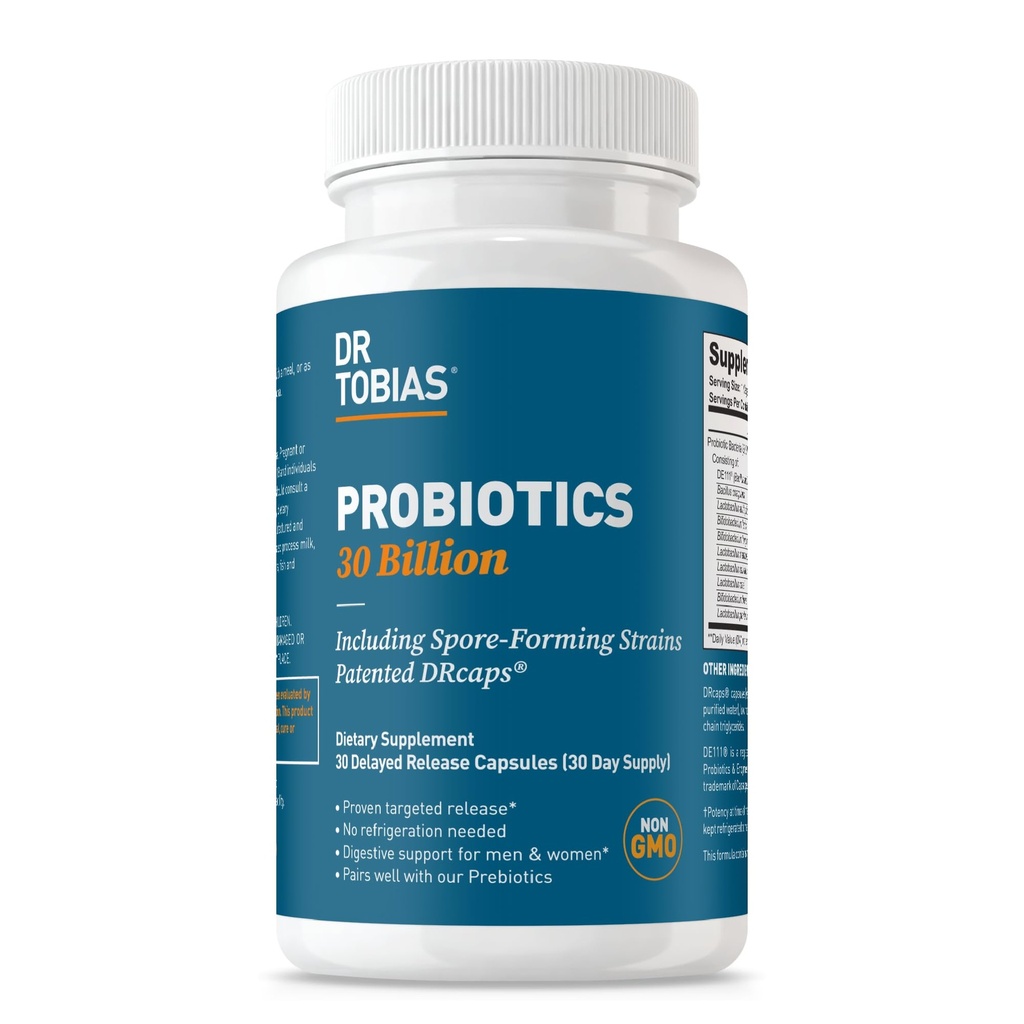 Dr. Tobias Probiyotiks 30 Milyar, 10 Strains, 30 Milyar CFU's, Targeted Release Probiyotiks for Women & Men, Supports Digestive Health, Raf-Stable, Non-GMO, 30 Capsules, 30 Servisler