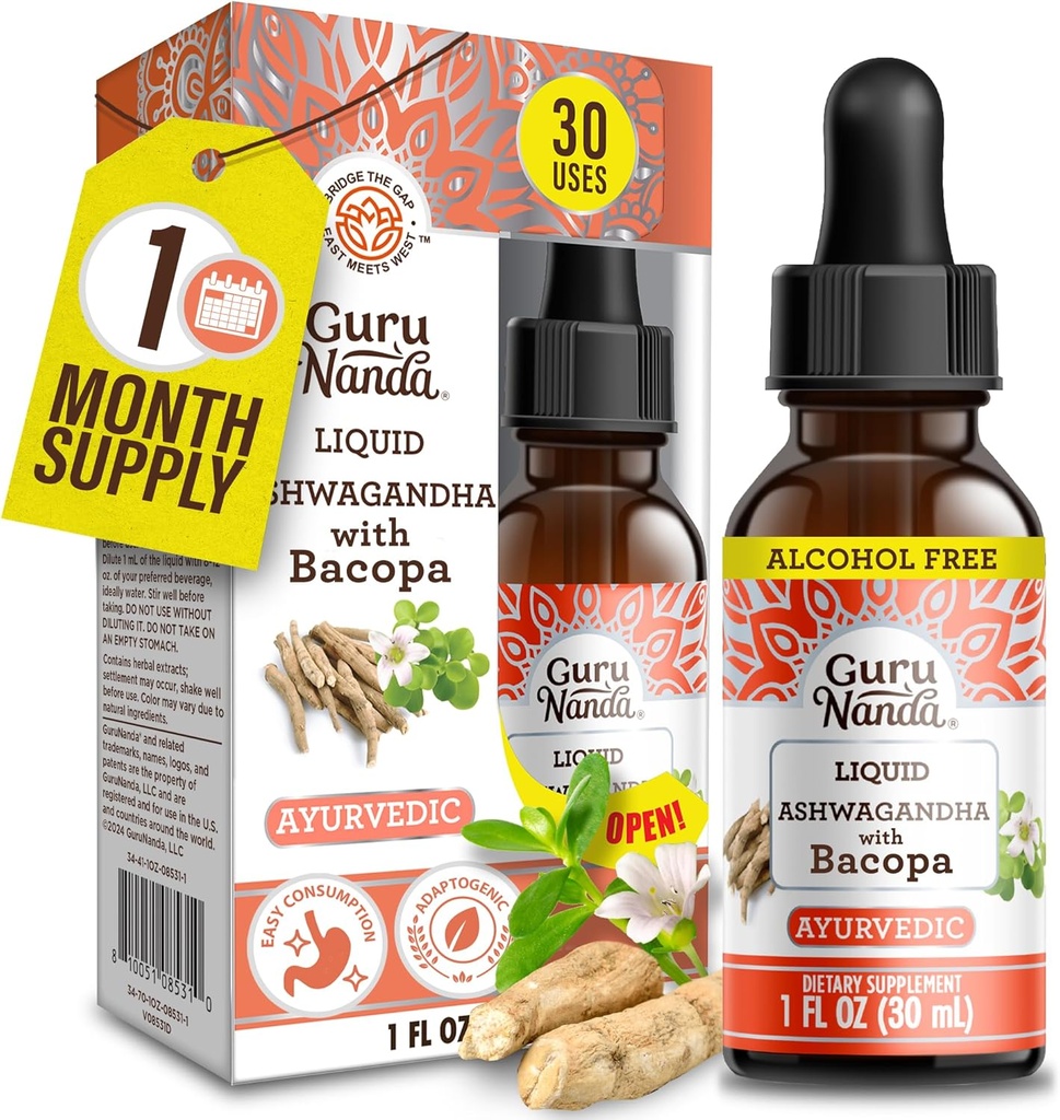 GuruNanda Sıvı Ashwagandha ile Bacopa (1 Fl Oz) - Doğal Diyet Tamamlayıcı Ödev - Erkekler ve Kadınlar için - Vegan & Alkol Özgür - Immune, Focus & Relaxation Supports