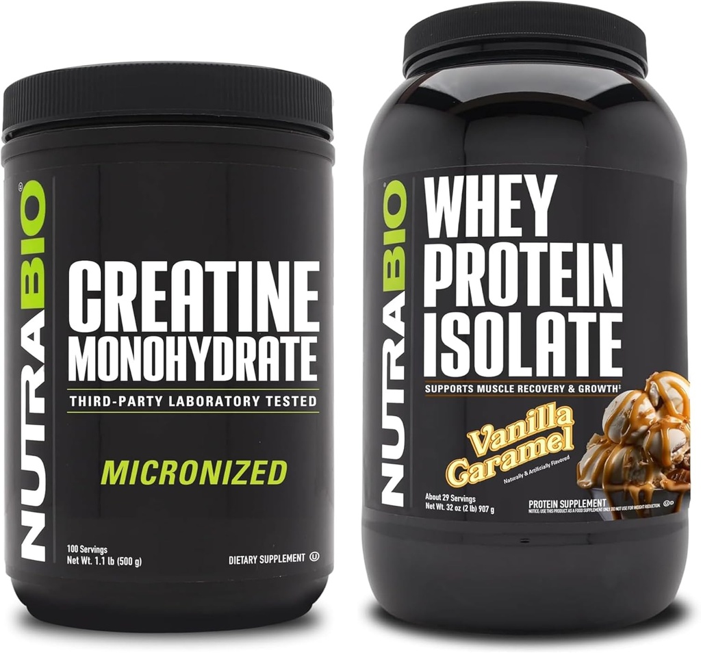 NutraBio Kretine Monohidrat, Unflavored, 500g ve Whey Protein Isolate, Vanilla Caramel, Supplement Sche - Muscle Energy, Lean Muscle growth, Recovery, and Strength