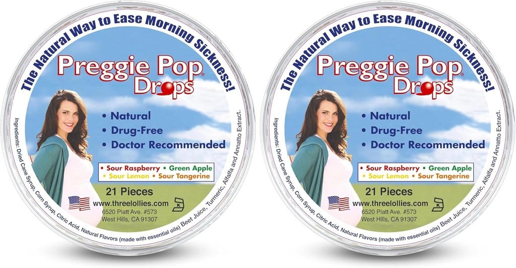 Üç Lollies Preggie Pop Drops - 21 Drops - Morning Hastalık Kazası - Hamile Anne & Bebek - Gluten Free - Four Flavors: Lemon, Raspberry, Green Apple, Tangerine (Pack of 2)