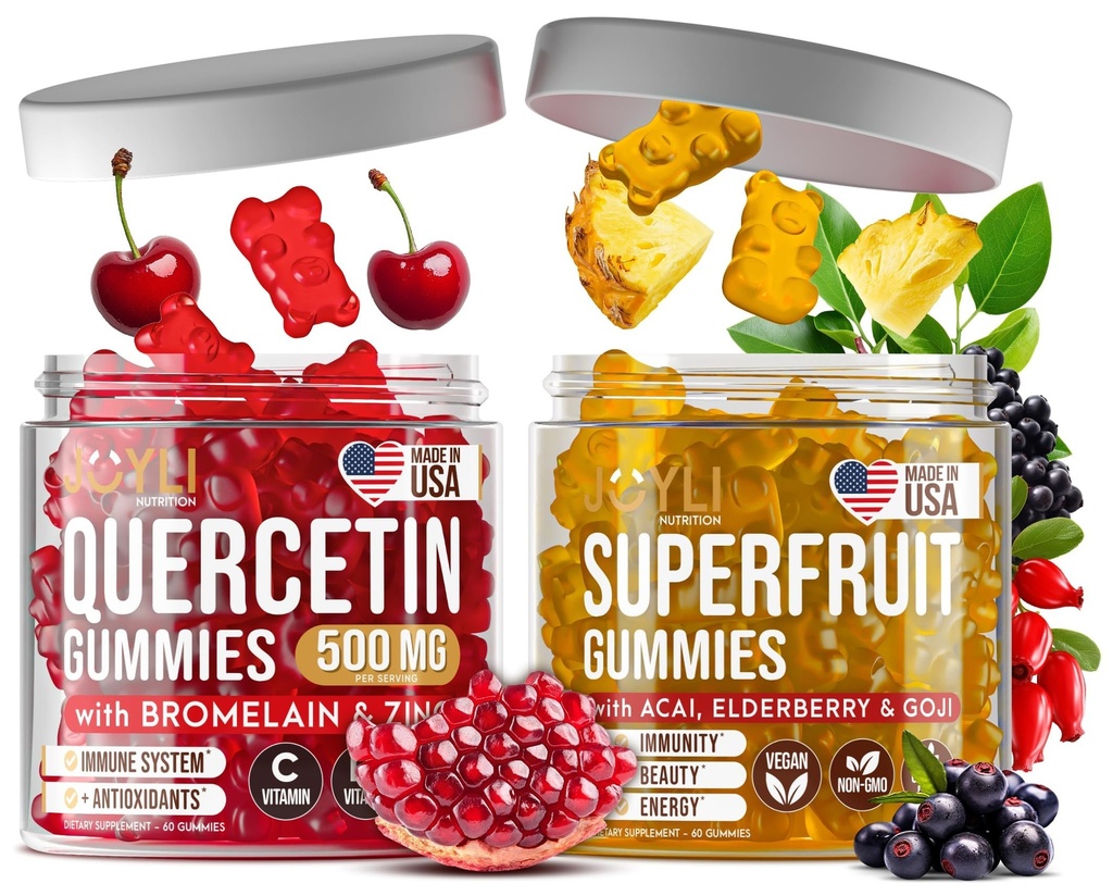 Joyli Quercetin & Superaving Gummies Sche – Immune & Antioksit Desteği – Vegan Multivitamin Formula A, C, D, E, çinko, Goji & Elder – Yetişkinler için 2 Pack