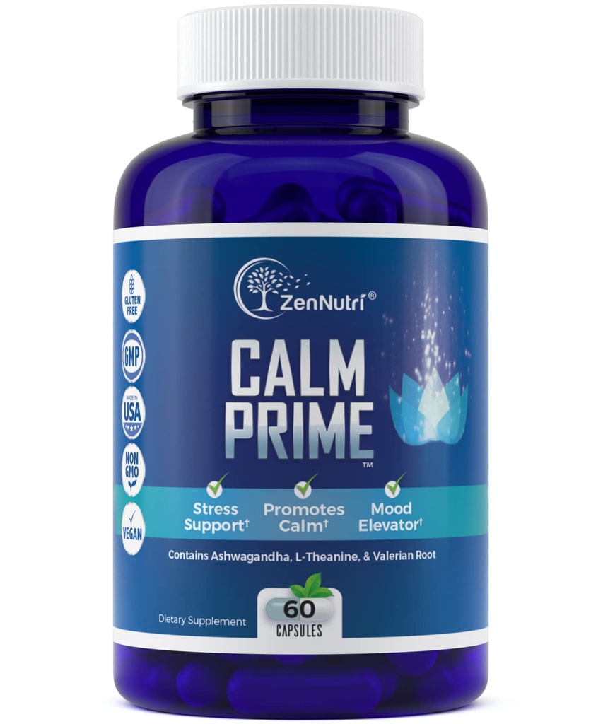 Calm Prime Stress Relief Supplement Non-Drowsy | Mood Support Supplement | Mood Boost | Vegan Daytime Stress Supplements Calm Aid | Stres Vitaminleri - Ashwagandha, Valerian Root - 60 Count