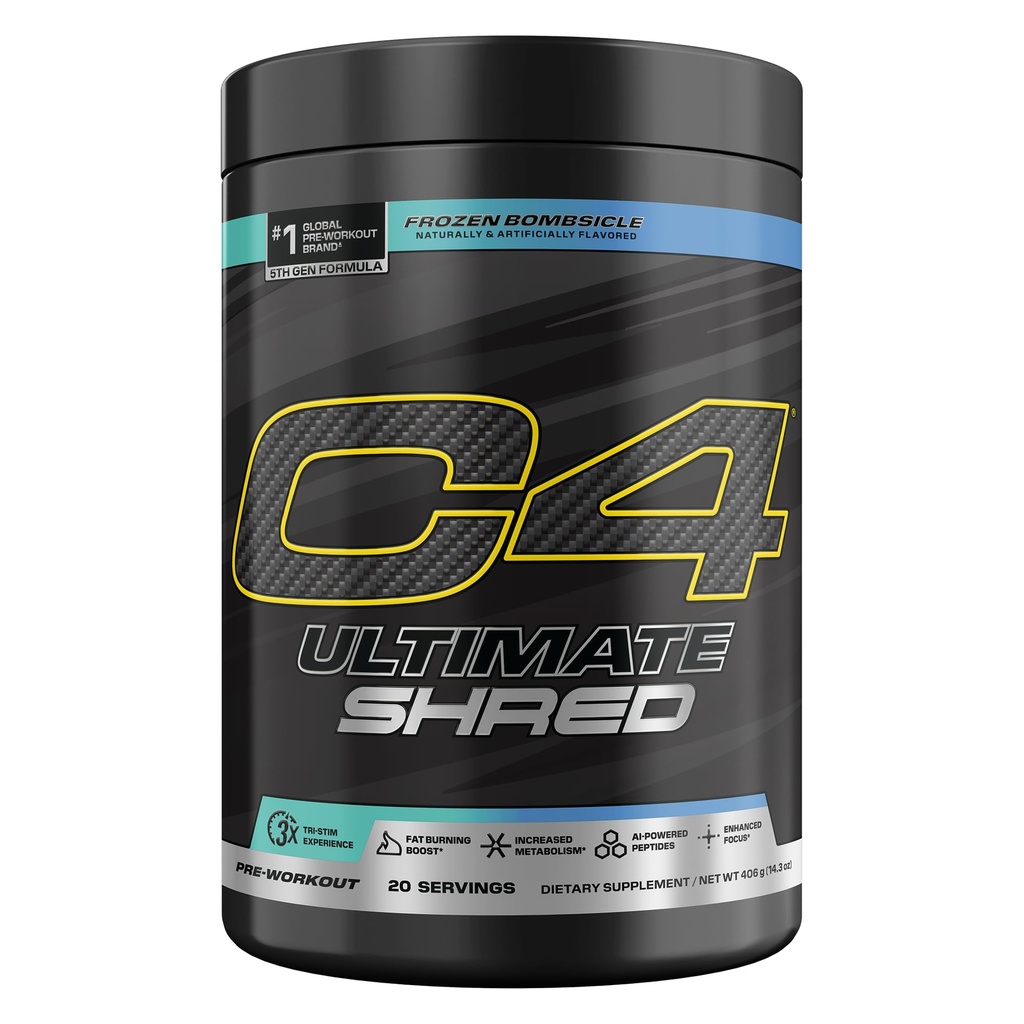 Cellucor C4 Ultimate Shred Pre Workout Powder, Metabolism Supplement with Cayenne Extract+300mg Caffeine+TeaCrine+Dynamine - Frozen Bombsicle, 20 Servings