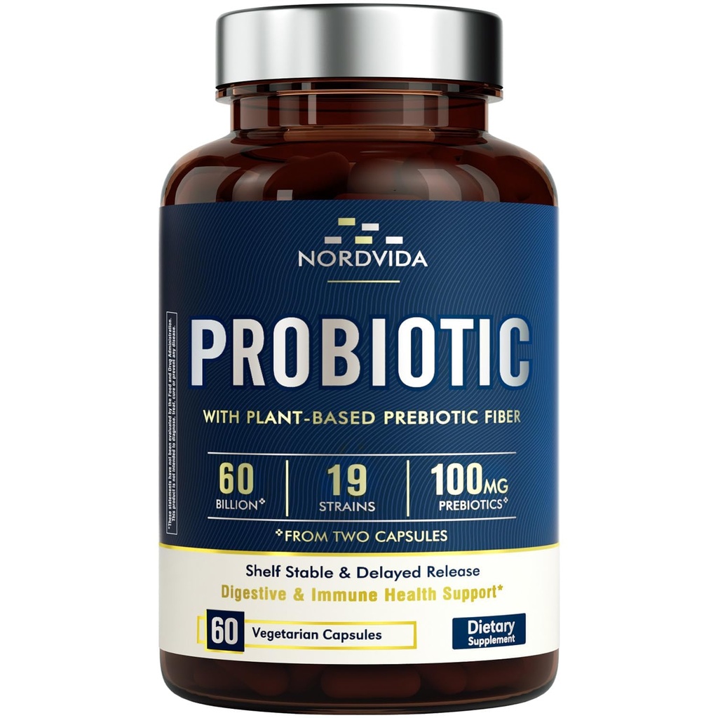 Probiyotik 60 Milyar 19 Strains with Organic Prebiyotik for Men & Women, Digestive & Immune Health, Raf Stable Geed Release, Non-GMO No Dairy, 60 Vegan Caps