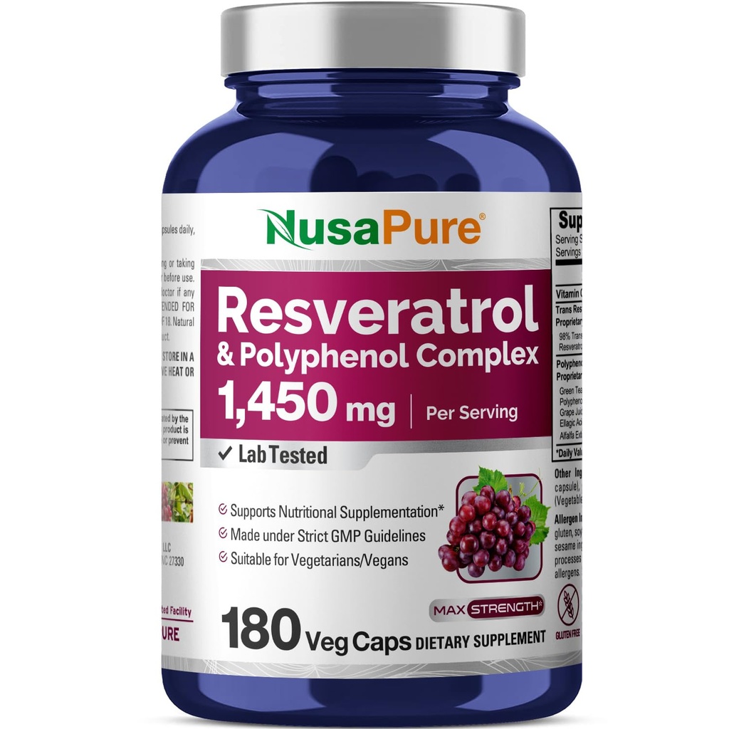 NusaPure Resveratrol & Polyfen 1450 mg 180 Vejetaryen Caps (Non-GMO, Vegan) C vitamini