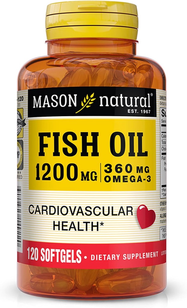 MASON NATURAL Fish Oil 1.200 mg Omega-3 360 mg - Sağlıklı Kalp, Destekler Circulatory Function, Improv Cardiovascular Health, 120 Softgels