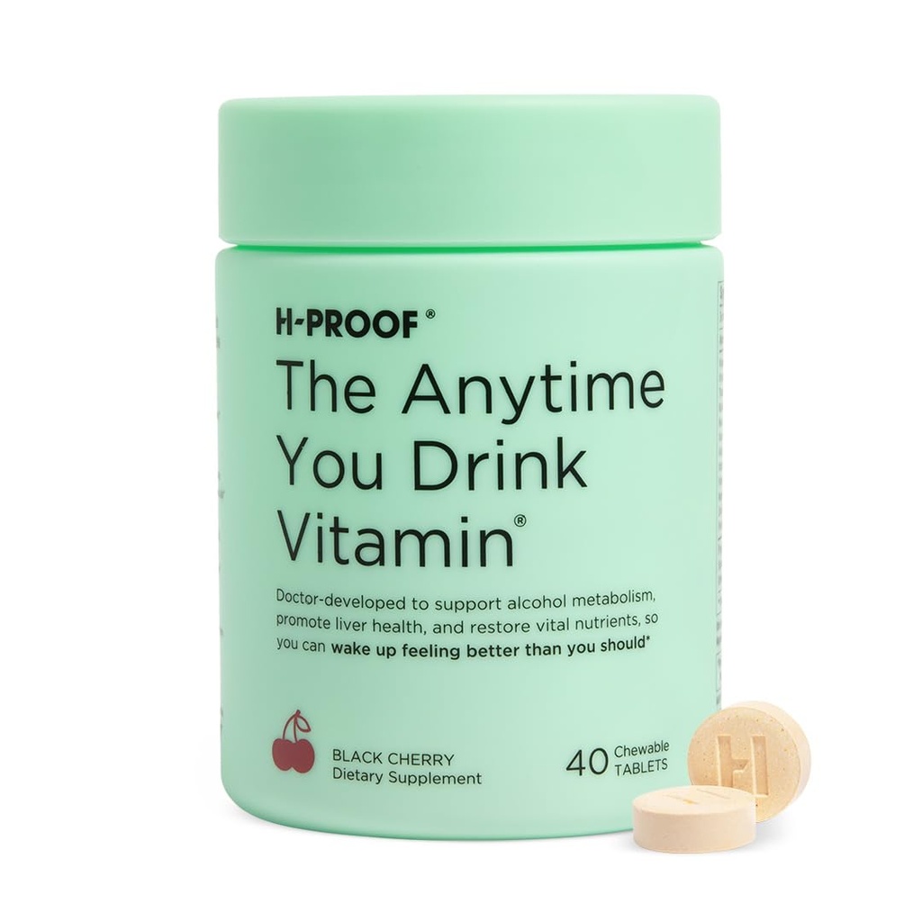 H-PROOF Vitamin İçerdiğiniz Herhangi Bir Zaman, Liver Health & Immunity Support with Electrolytes, Milk Thistle, and Vitamins B & C - 40 Chewable Tabletler (20 Hizmetler), Vegan, Black Cherry