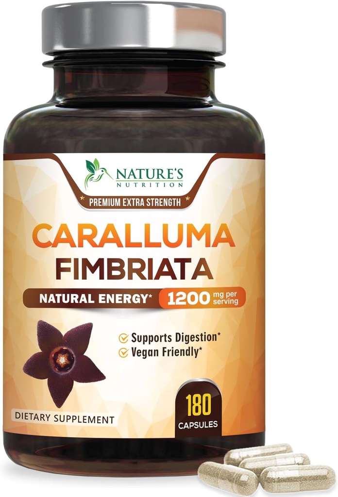 Pure Caralluma Fimbriata Extract Highly Concentrated 1200mg - Natural Caralluma Fimbriata Capsules Endurance Support, Best Vegan Supplement for Men & Women, Non-GMO - 180 Capsules