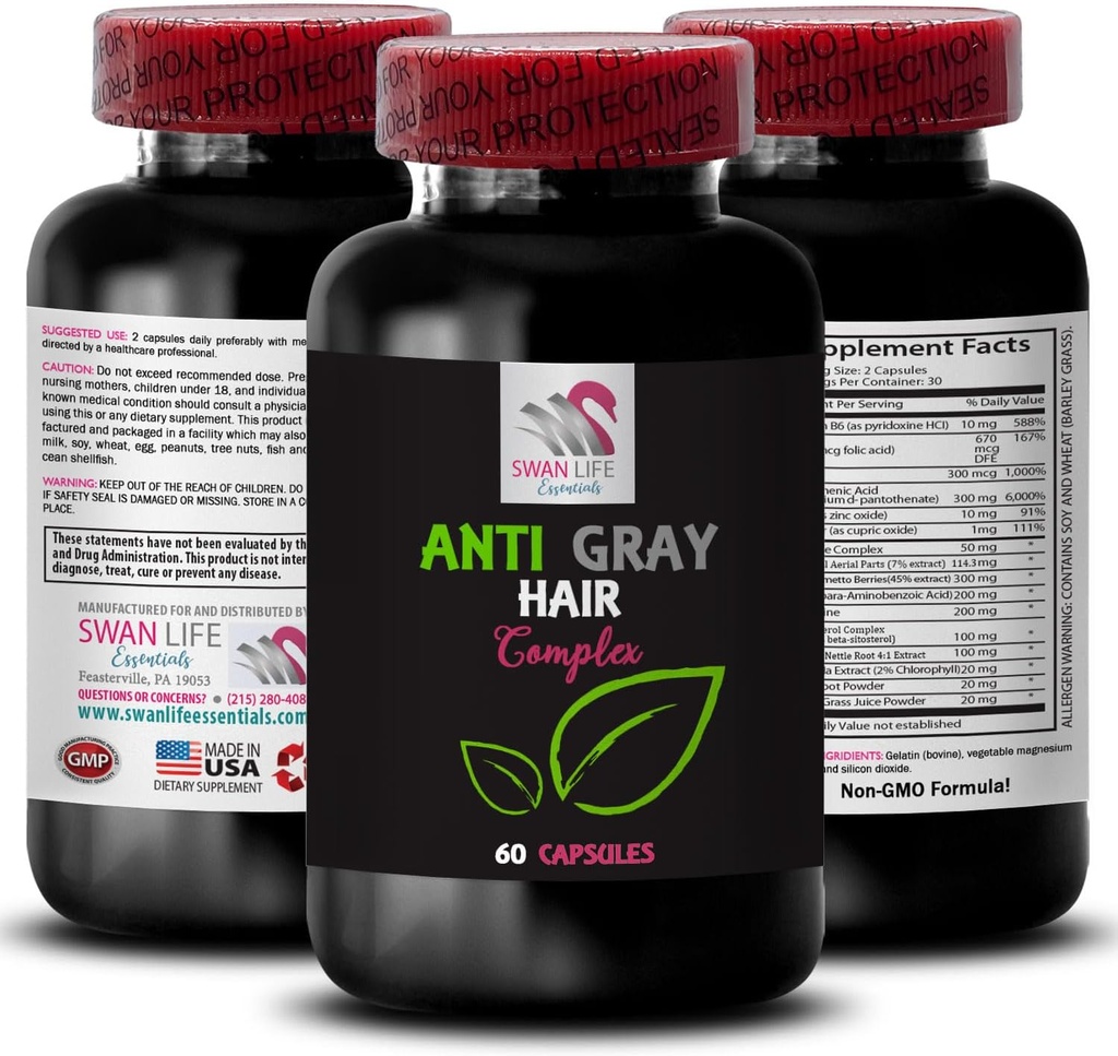 Anti gri saç hapları - ANTI GRAY HAIR COMPLEX - Gray saç tersine, Renk canı, Saç ton, Renk hayati, taze renk, Anti gri saç takviyesi, Saç dönüşümü 1 Şişe 60 Capsules