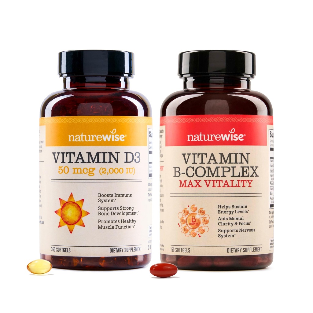 NatureWise Vitamin D3 2000iu 360 Kont ve Vitamin B Kompleksi 150 Yumuşakgel - Sağlıklı Kas Fonksiyonu, Immune Support, Hücre Enerji, Zihinsel Clarity