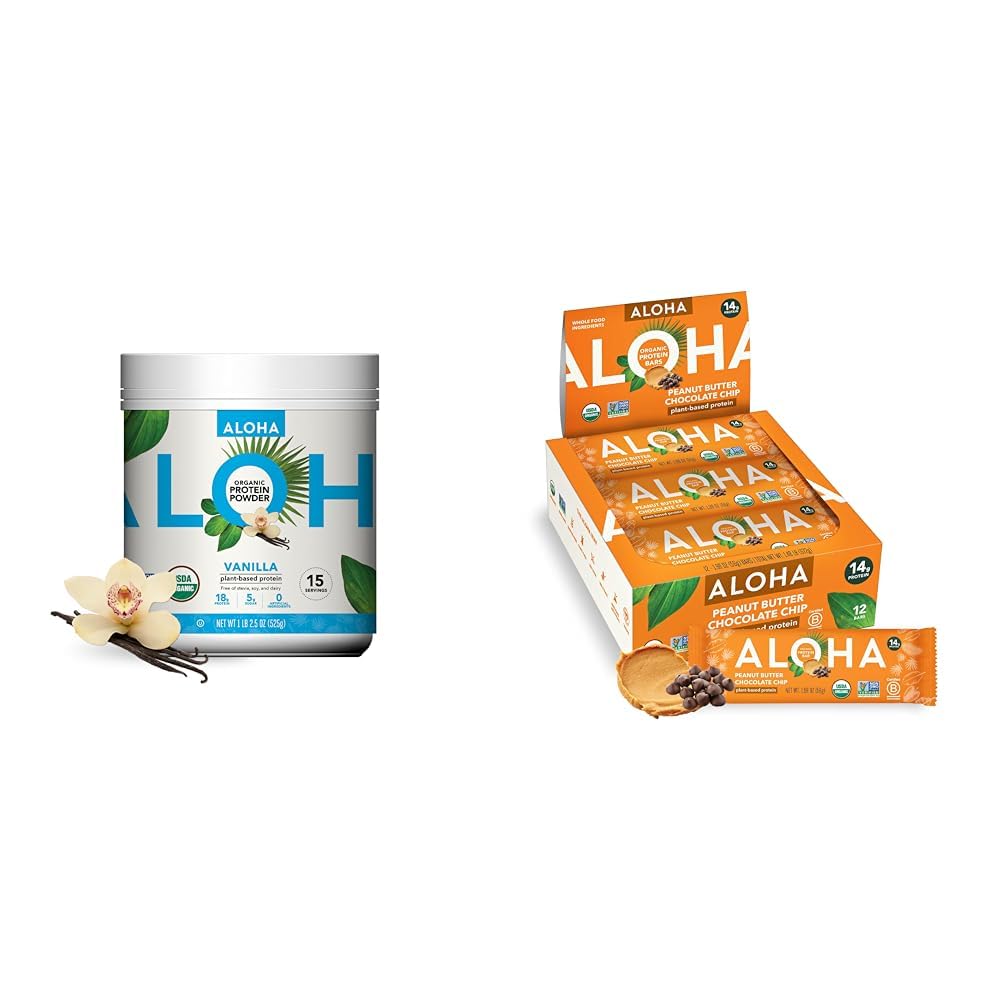 ALOHA Organik Bitki Tabanlı Protein Toz Vanilla 19.6oz, Protein Bars Peanut Butter Chocolate Chip 1.98oz 12 Paket