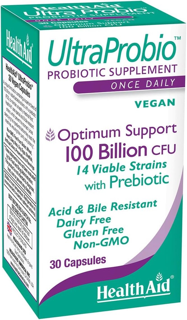 SağlıkAid UltraProbio, 100 milyar 30ct Once Daily Capsules, Optimum Destek, Prebiyotik, Asit & Bile Dayanıklı, Non-GMOMO