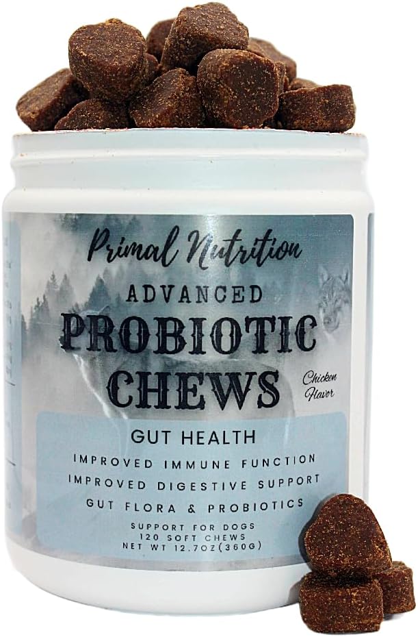 Primal Nutrition Probiotics for Dogs - Digestive Enzymes for Gut Flora, Digestive Health, Diarrhea & Bowel Support - Dog Supplement Soft Chew for Pet Immune System - Chicken
