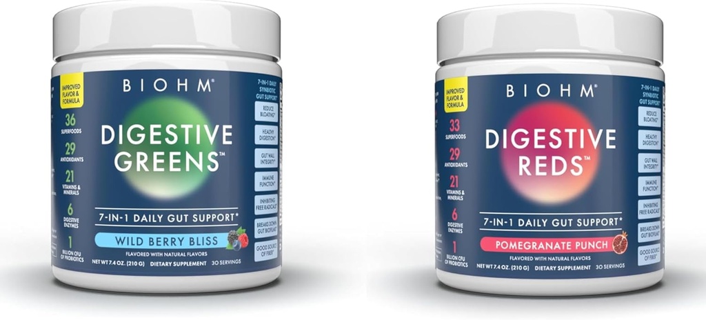 BIOHM Essential Bundle, Digestive Reds and Greens, Superfood Powder, Antioxidants, Vitamins, Probiotics, Digestive Health for Men and Women, Digestion Supplement with Enzymes, 30 Servings Each