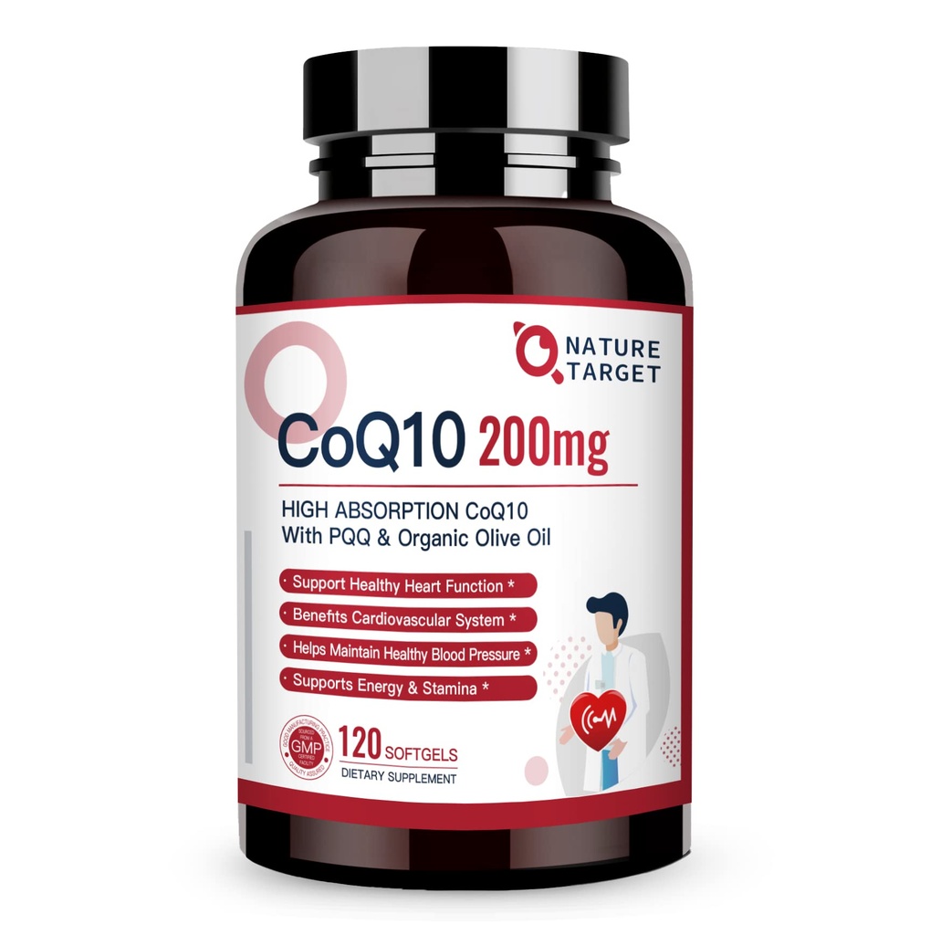 NATI TARGET CoQ10-200mg-Softgels + PQQ ile Organik-Olive-Oil - Yüksek Abhidrasyon-Coenzyme-Q10 - Antioksi-for-Heart-Sağlık ve Immune Desteği, Enerji Üretimi, 120 Hizmet