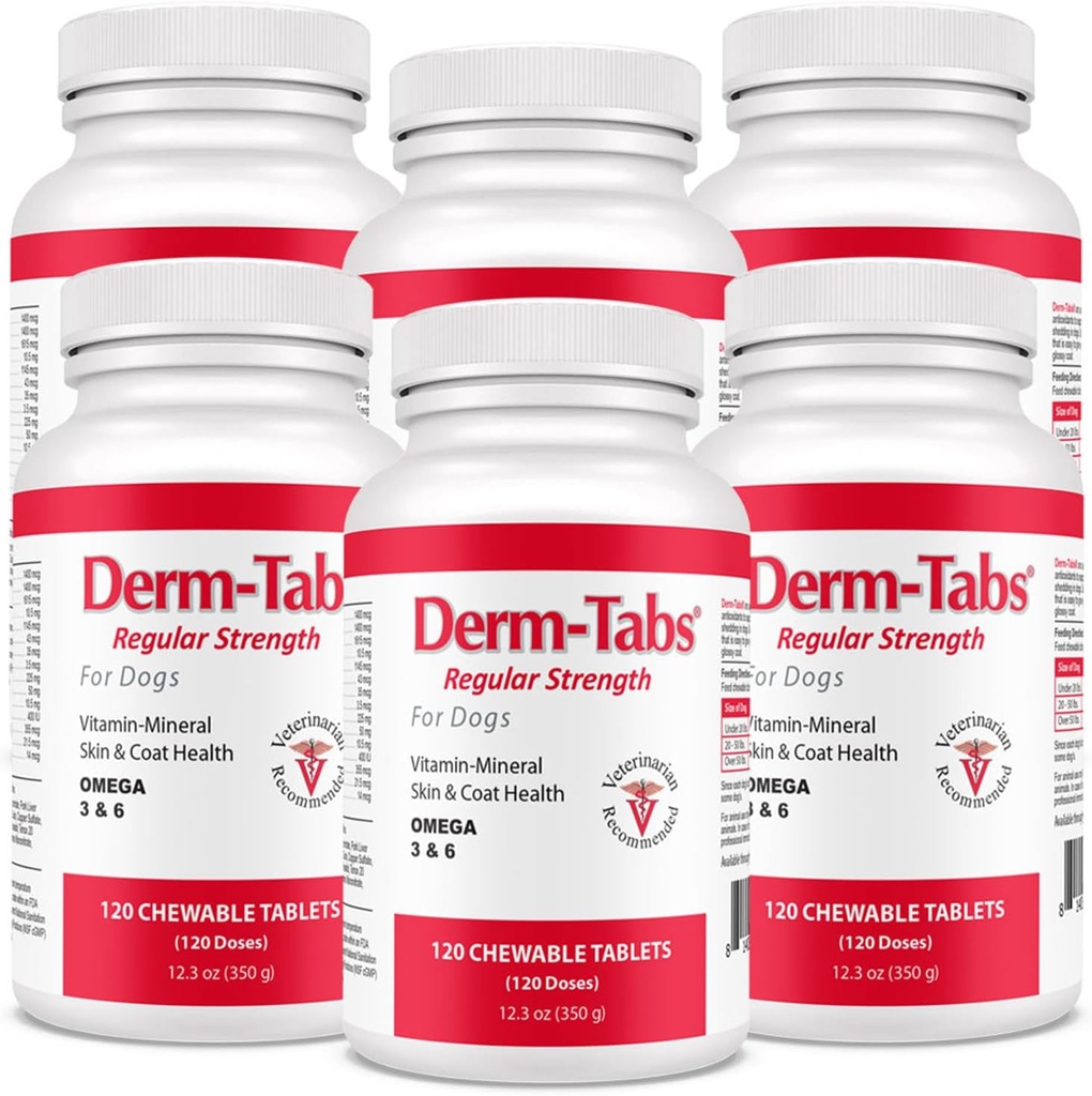 Derm Tabs Regular Strength for Dogs - Natural Oil, Vitamins, Minerals, and Antioxidants - Support Healthy Skin and Reduce Shedding - 720 Chewable Tablets