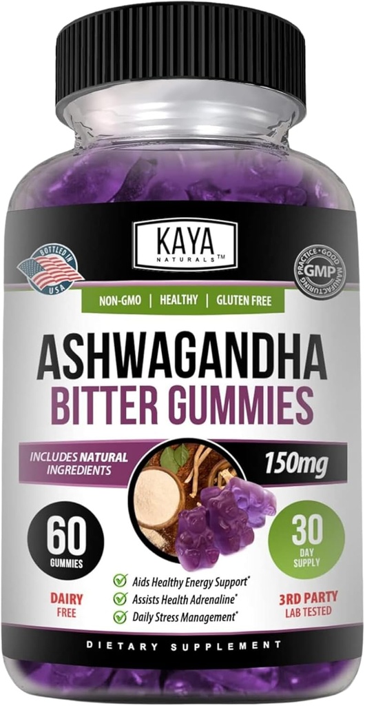 Kaya Naturals Ashwagandha Bitter Gummies - Doğal Stres Yardımı, Enerji ve Ruh Clarity, Non-GMO, Gluten-Free, Chewable Gummies - 60 Count