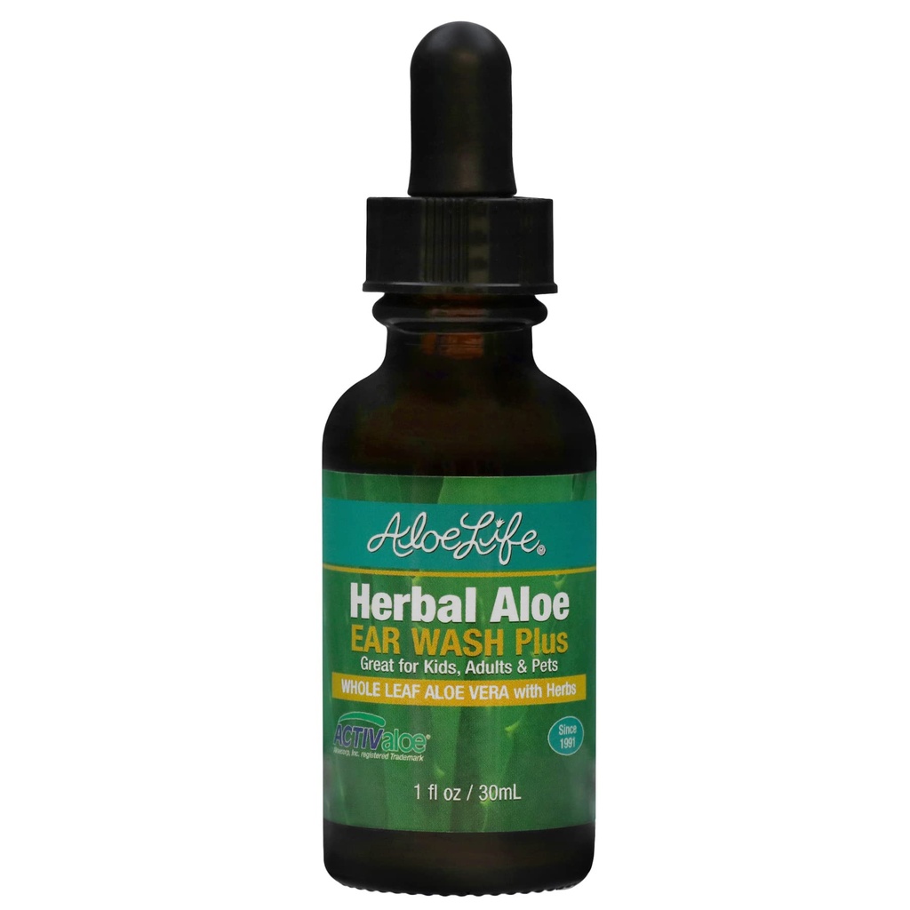Aloe Life - Herbal Aloe Ear Wash Plus, Kulak Irritations için Soothing Relief for Ear Irritations, Mayomer's Ear, Discomfort & Itchy Ears, Whole Leaf Aloe Vera with Herbs, Safe for animals, Adds Dropper (1 oz)
