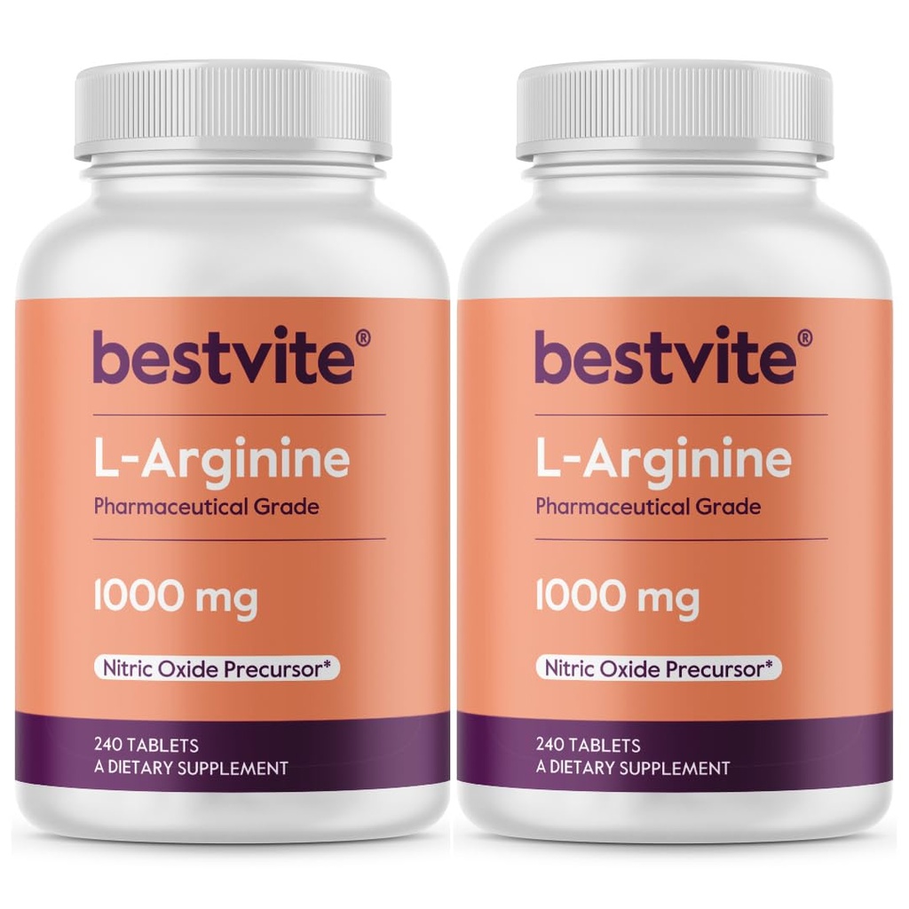 BESTVITE L-Arginine 1000 mg per Tablet (480 Tablet) (240 x 2) - Farm Grade - Arginine HCl ile kıyasla% 20 daha Pure Arginine - Nitrik Çimento Precursor*