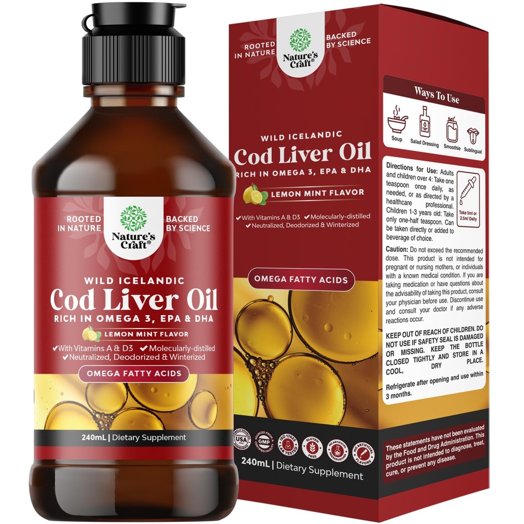 İzlandalı Vahşi Caught Cod Liver Oil Liquid - Fish Oil Drops with Omega 3, EPA, DHA, Vitamin D & A - Sıvı Cod Liver Supplement for Heart, Joint, Brain & Immune Support - 240 ml (8 Ounce)