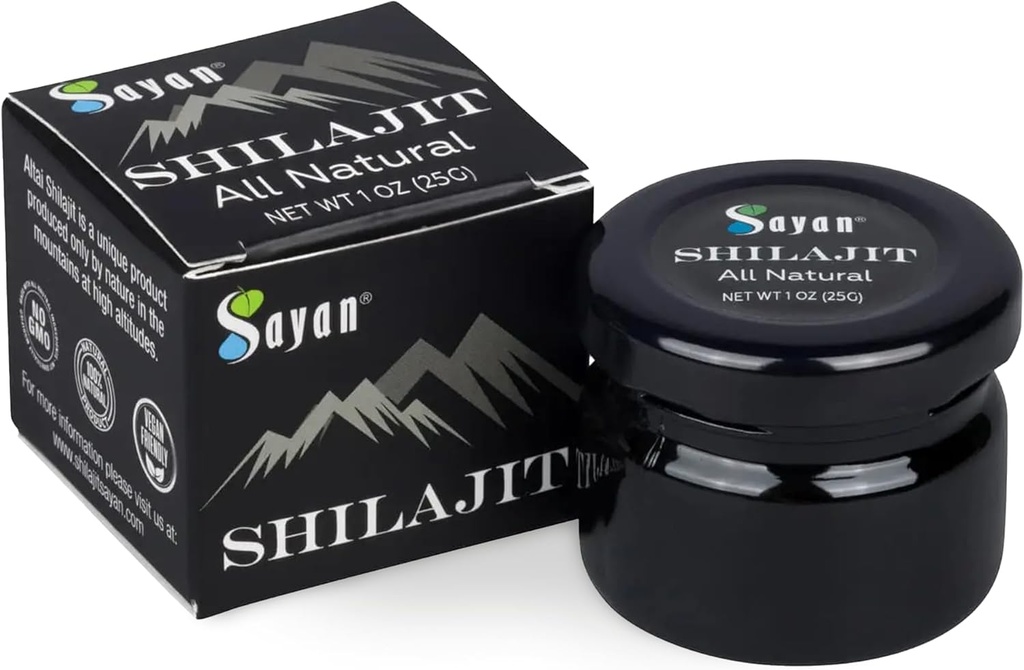 Sayan Pure Shilajitwear 1oz/25g, Glass Jar, 250 Hizmet - Potent Organik Fulvic Acid Supplement - Destekler Immune System, Memory, Focus ve Natural Energy, Detox - Vegan, Non-GMO