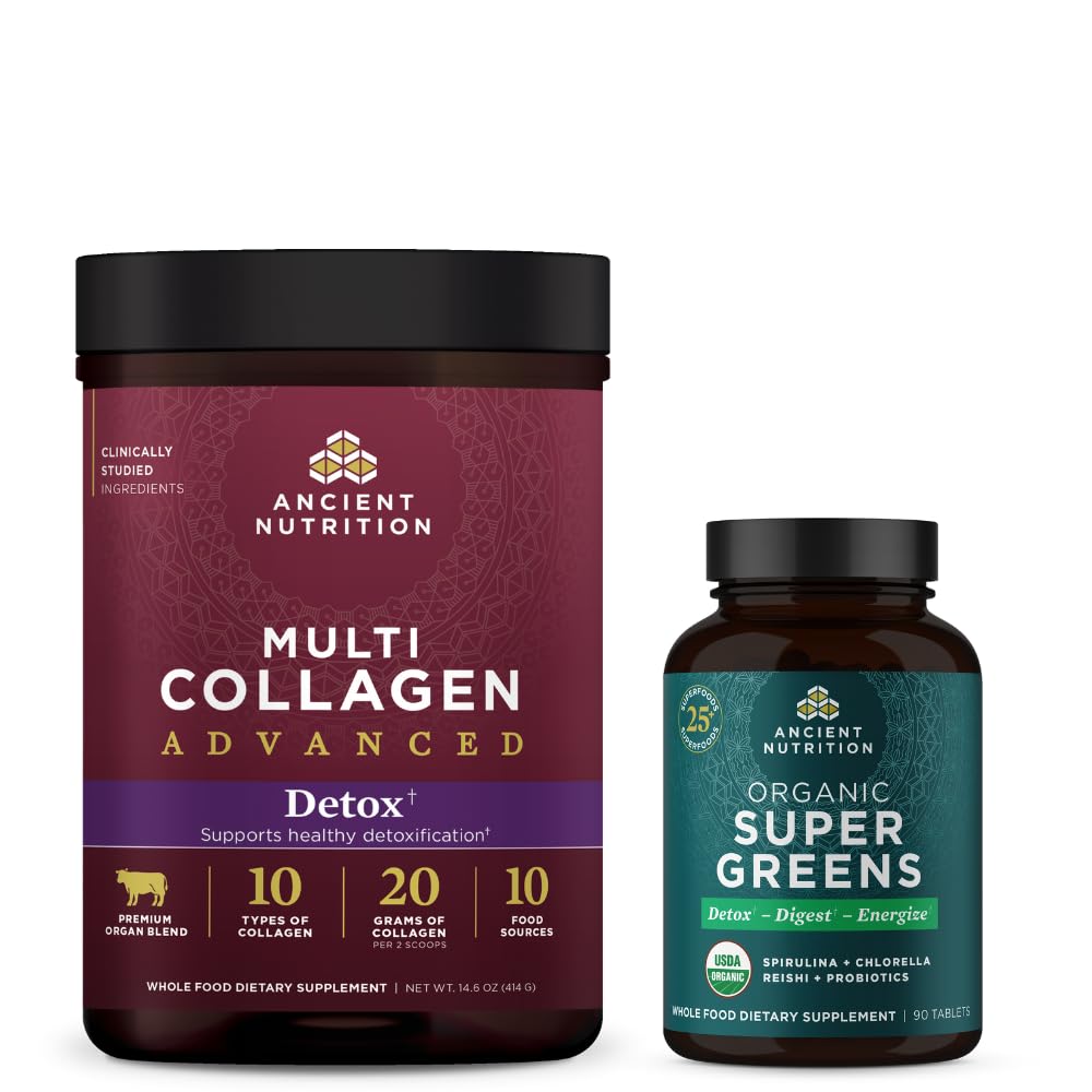 Eski Beslenme Multi Collagen Advanced Toz Cleanse & Detox, Unflavored, 36 Hizmet + Organik Süper Yeşiller Tablet 90 Kont