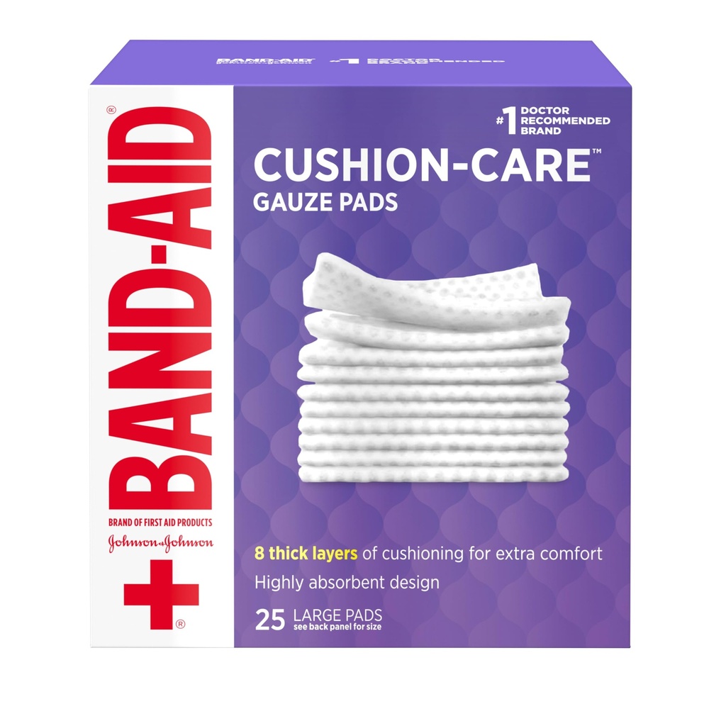 Band-Aid Brand Absorbent Cushion Care Sterile Square Gauze Pads for First Aid Protection of Minor Cuts, Boates & Burns, Non-Adhesive, Yara Bakımı Giyinme Padleri, Büyük, x 4 içinde, 25 ct