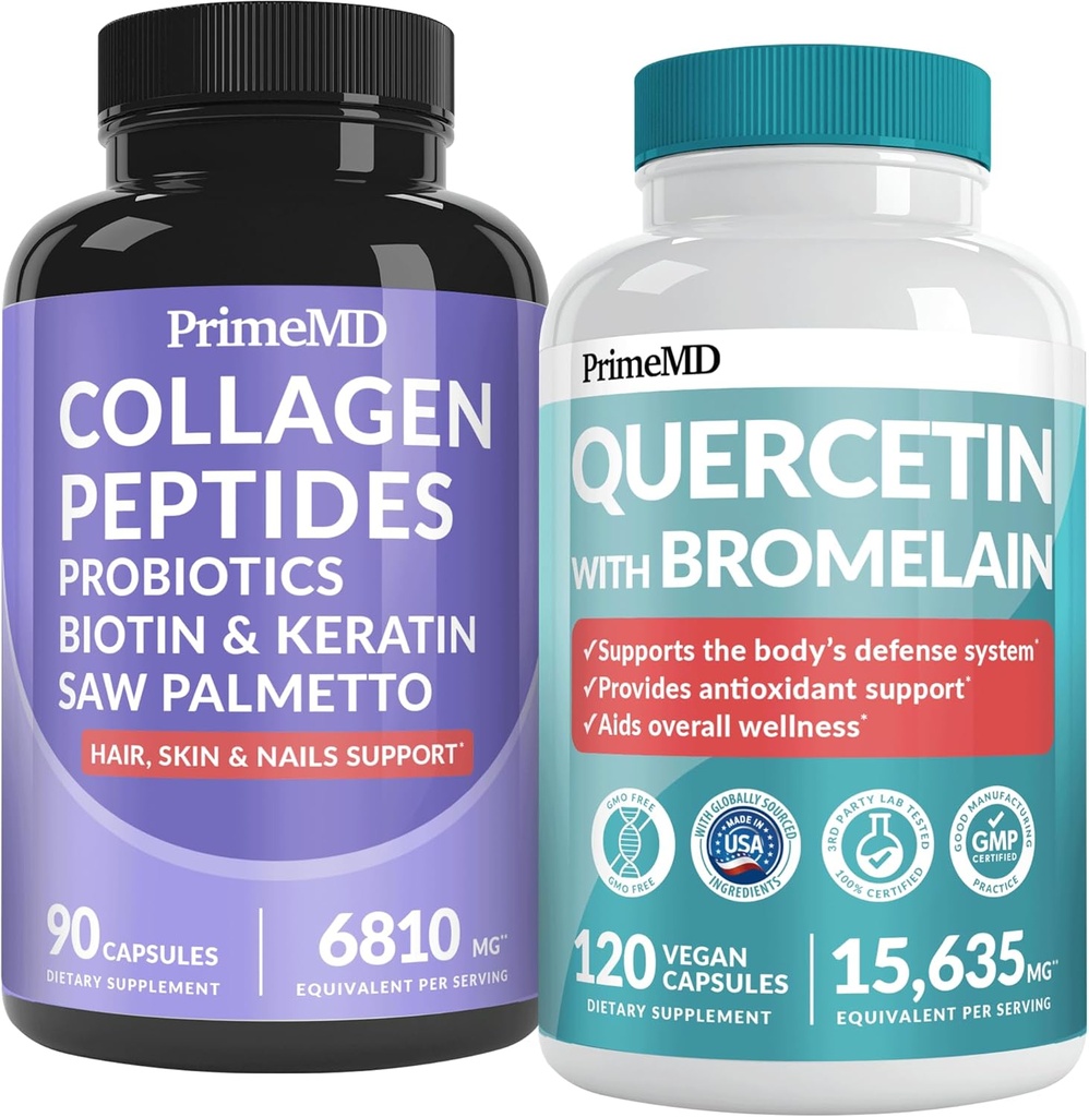 27-in-1 Hair Skin and Nails Vitamins (6810mg) w/Biotin and Collagen Hair Growth Vitamins with Probiotics and Saw Palmetto, 90 ct - 28-in-1 Quercetin with Bromelain for Daily Immune Defense (120ct)