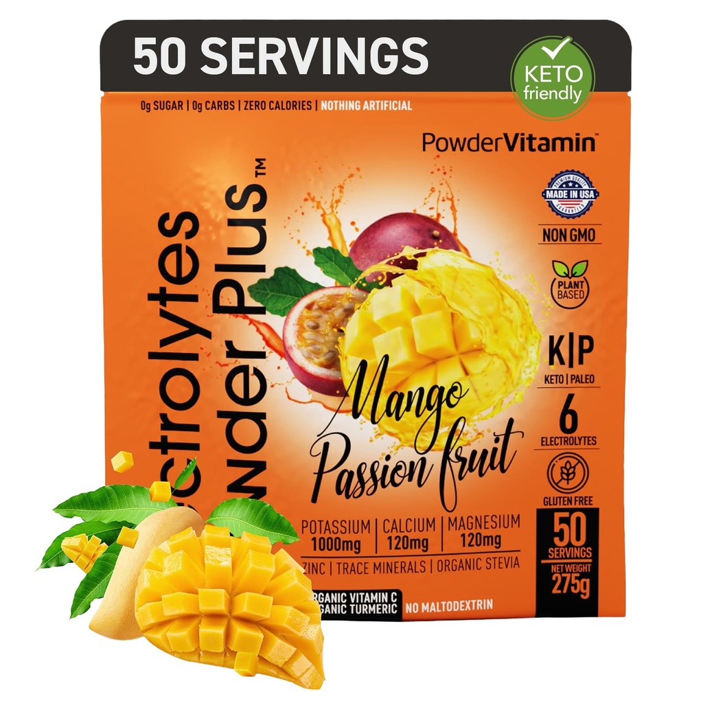 TozVitamin Electrolytes Toz Plus (50 Servisler) Mango Tutkulu Elektrolyte Toz Zero Calorie Keto, 0 Sugar, No Maltodextrin,1000 mg P Properties,120 mguba,120 mg Magnezyum, Hydration Toz