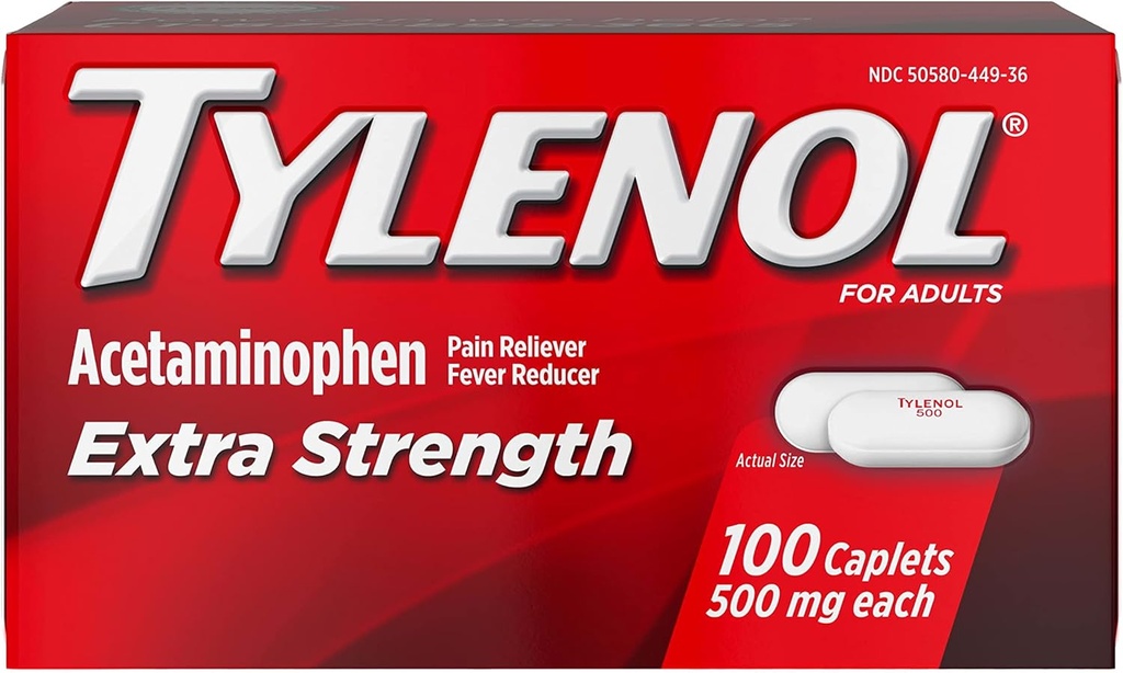 TYLENOL Ekstra Kuvvetli Ağrı Reliever & Ateş Tespiti 500 mg, Caplets 100 ea Pack of 2