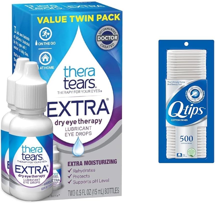 TheraTears Extra Dry Eye Drops 0.5 fl oz 2 Count with Q-Tips 100% Cotton Swabs 500 Count