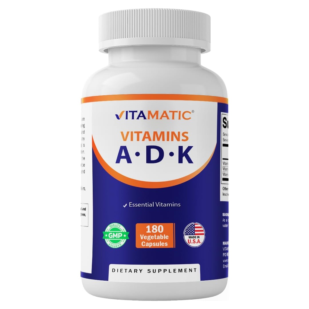 Vitamatic ADK Vitamin Tamam, 180 Veg Capsules, Yüksek Potency Vitaminleri A, D3, K2 Kemik Sağlığı için, Kalsiyum Abpsiyon, Non-GMO, Gluten Free