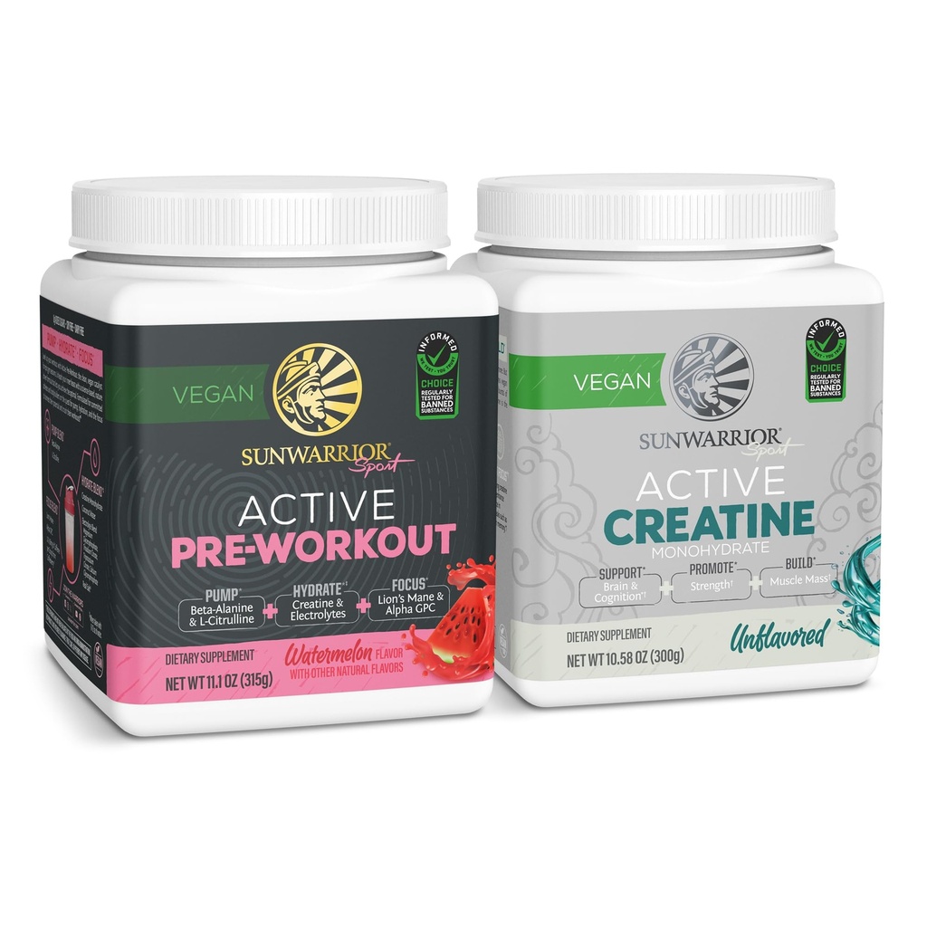 Sunwarrior Pre-Workout Toz Plant-Based & Vegan | 30 Hizmet, Watermelon & Kretine Monohidrat Toz | Unflavored, 60 Hizmetler