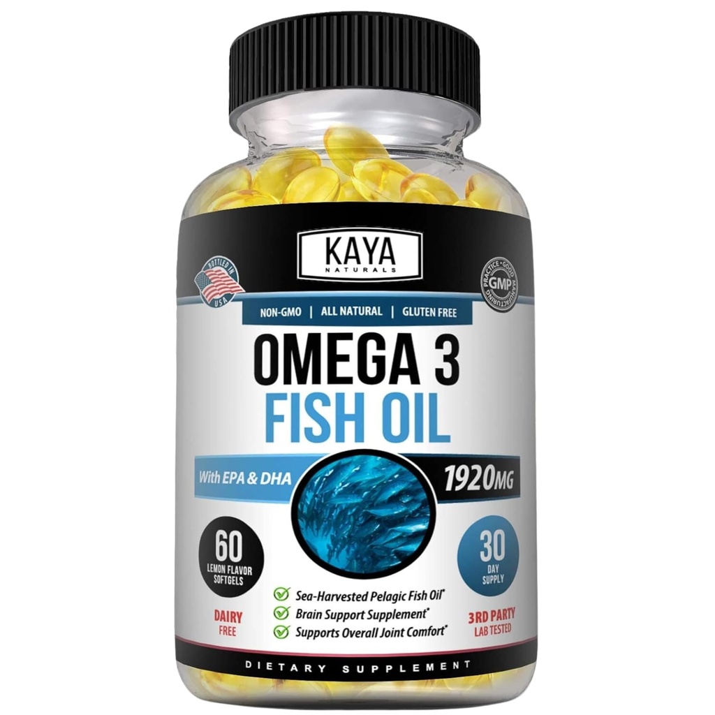Kaya Naturals Omega 3 Supplement - Nature Made Omega 3 Fish Oil - 100% Pure Sea-Harvested Pelagic Fish Oil with No Fishy Aftertaste - 60 Count Softgels