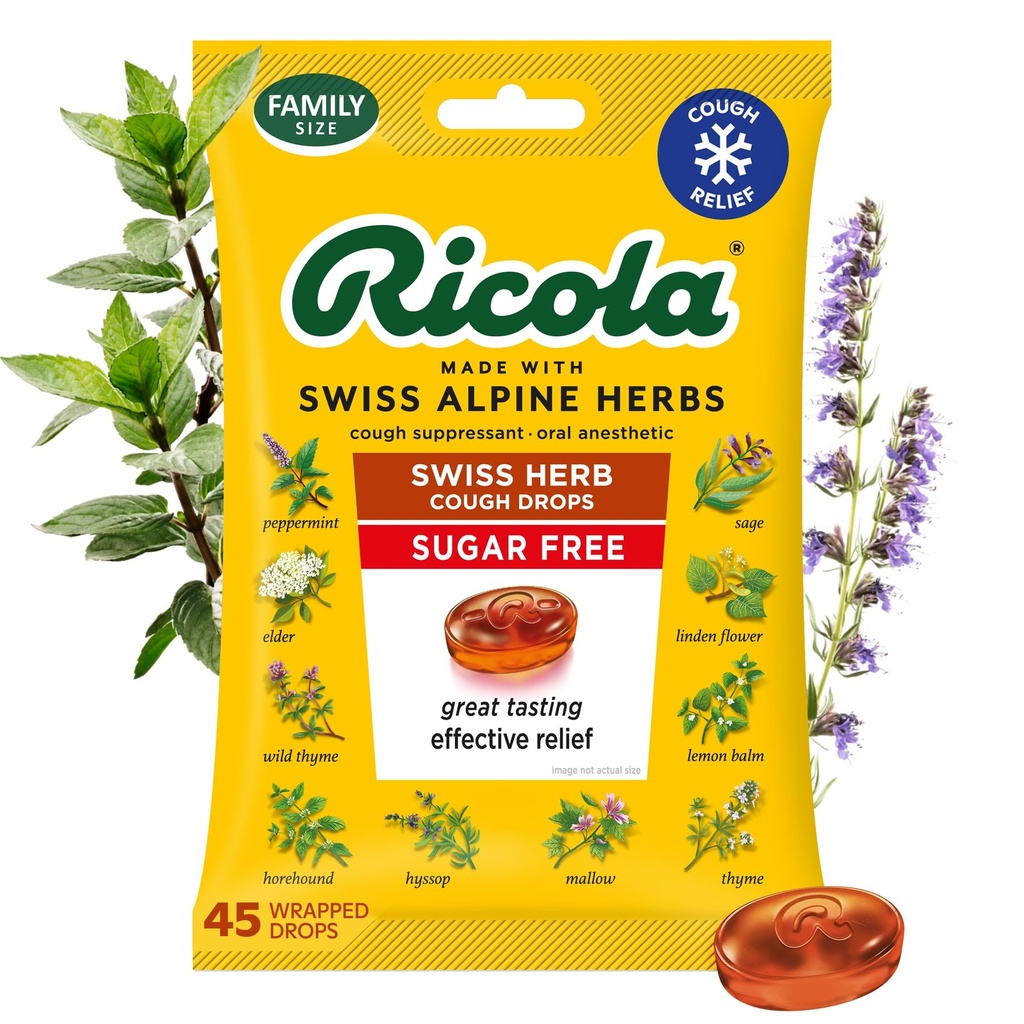Ricola Sugar Free Swiss Herb Cough Drops, 45 Kont, Cough Suppressant & Throat Relieving Drops with Natural Sourced Menthol, Pleasing Taste for Coughs & Throat Irritation Symptom Relief