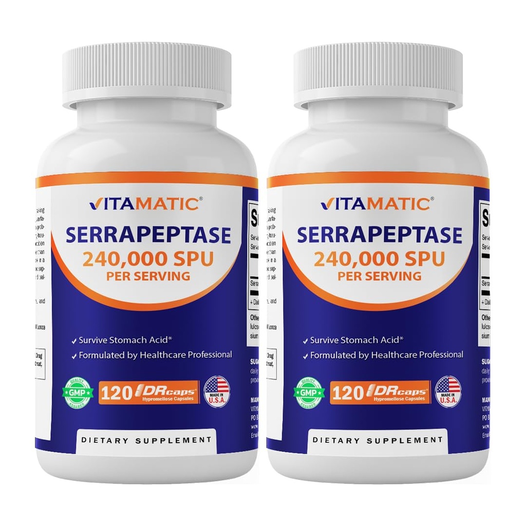 Vitamatic Serrapeptase 240,000 SPU Servisleri, 120 Gecikmiş Serbest Kapsüller - İnik Kaplamalar - ABD'de Yapılacaklar (120 Hub of 2))