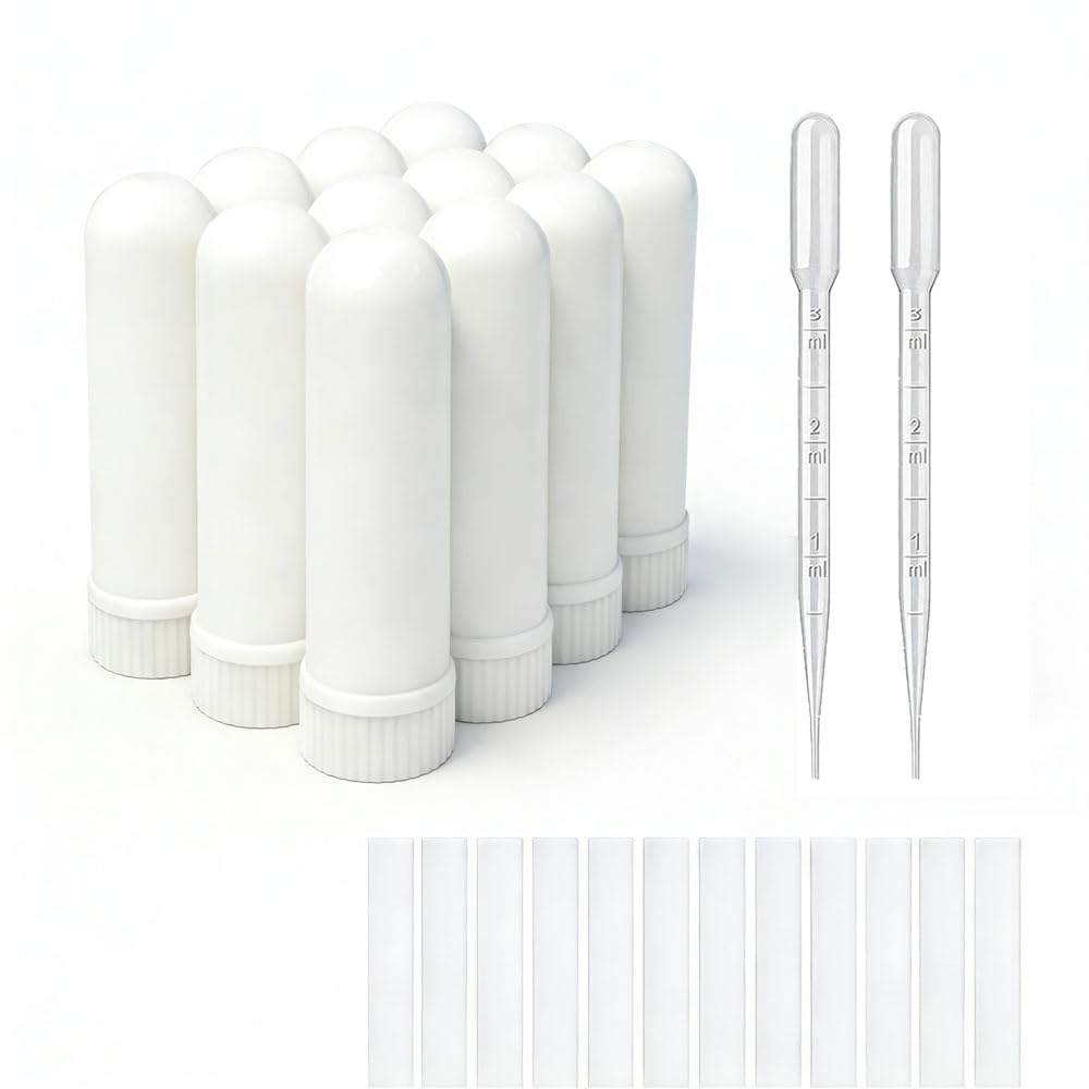 12 Set Essential Oiltherapy Tubes Inhaler Sticks Blank Nasal Inhalers(12 Complete Sticks) + 2 Poli Pipette Droppers