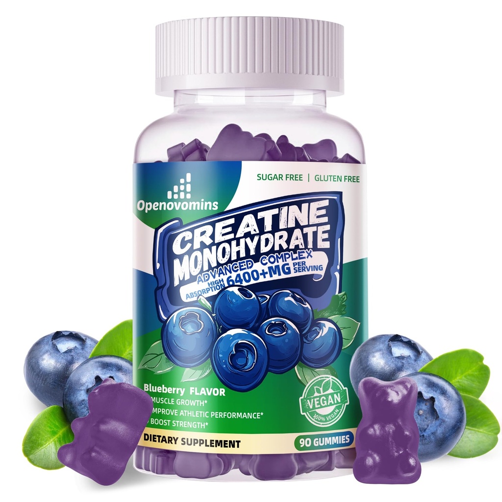 Erkekler ve Kadınlar için Kreatif Monohidrat Gummies Kompleksi - İleri Formula W/L-Taurine + Vitamin B12, Sugar Free Chewable Supplement,90 Blueberry Gummies Kompleksi