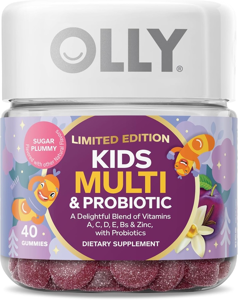 OLLY Kids Multivitamin & Probiotic, Limited Edition, Digestive Support, Vitamins A, D, C, E, B, Zinc, Chewable Supplement, Sugar Plummy - 40ct
