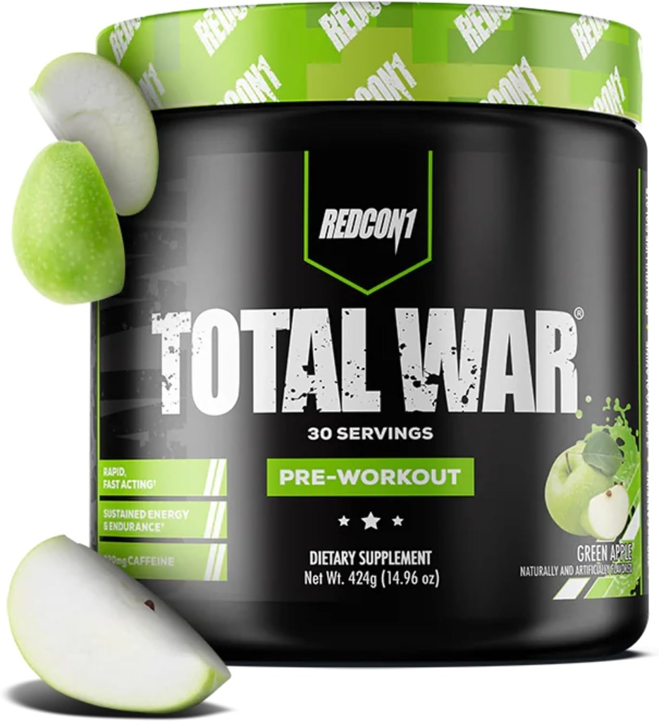 REDCON1 Total War Pre Workout, Green Apple - Fast Acting Caffeinated Preworkout for Men + Women with Beta Alanine - Contains Citrulline Malate for greater Pump, Blood Flow (30 hizmet)