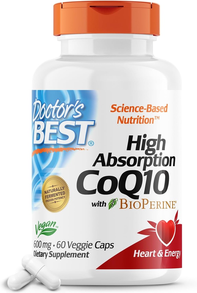 Doctor's Best High Absorption CoQ10 with BioPerine, Heart Health & Energy Production, Naturally Fermented, Non-GMO, Vegan, Gluten Free, 600 mg, 60 Veggie Caps