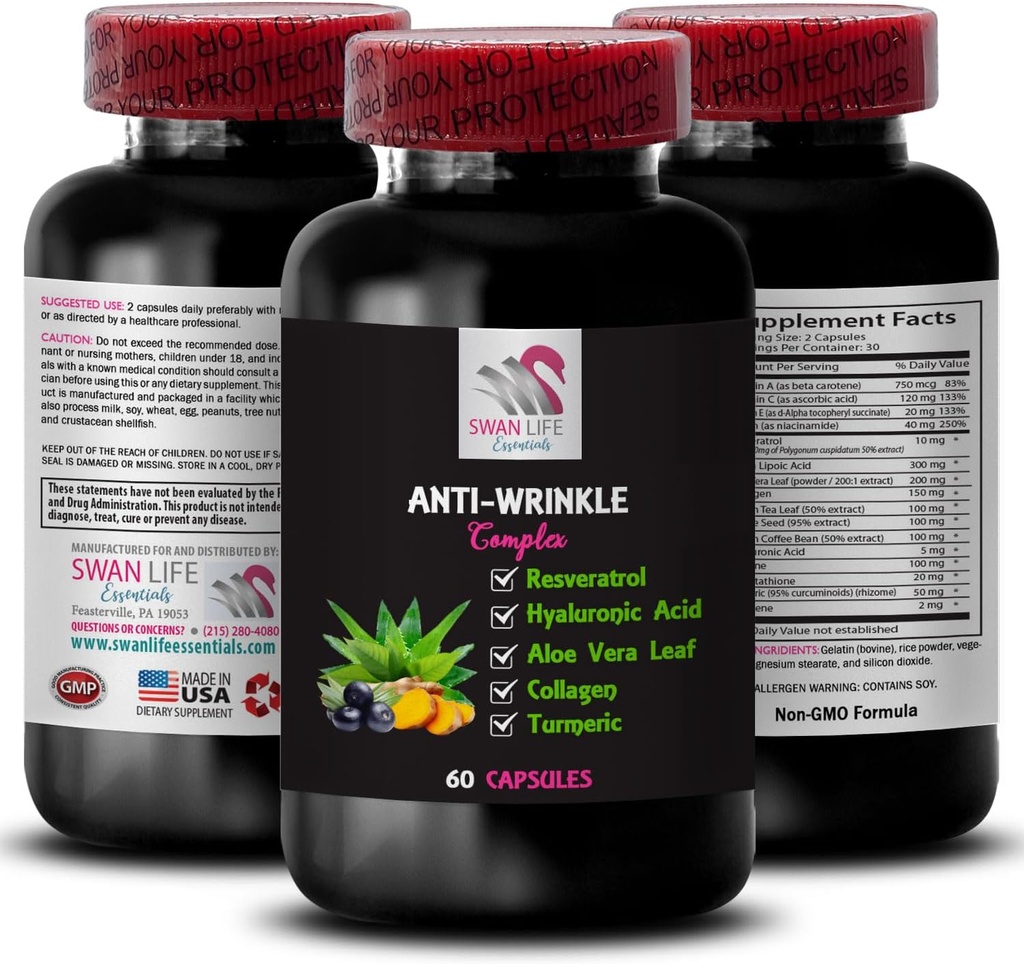 Alfa Lipoic Asit Desteği - ANTI-WRINKLE COMPLEX - Aloe Vera Leaf Faydaları, Collagen Boost, Green Tea Leaf Extract, Grape Seed Power, Green Coffee Bean Faydaları, Hyaluronic 1 Şişe 60 Caps