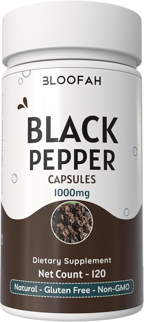 Black Pepper Capsules 1000 mg Toz | Piper nigrum | Non-GMO, Gluten-Free | Yapay Katkılar | GMP-Cerrec | Herbal Supplement | Geleneksel Wellness (120 Kont)